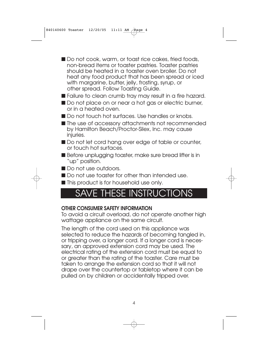 Save these instructions | Hamilton Beach 22300 User Manual | Page 4 / 10