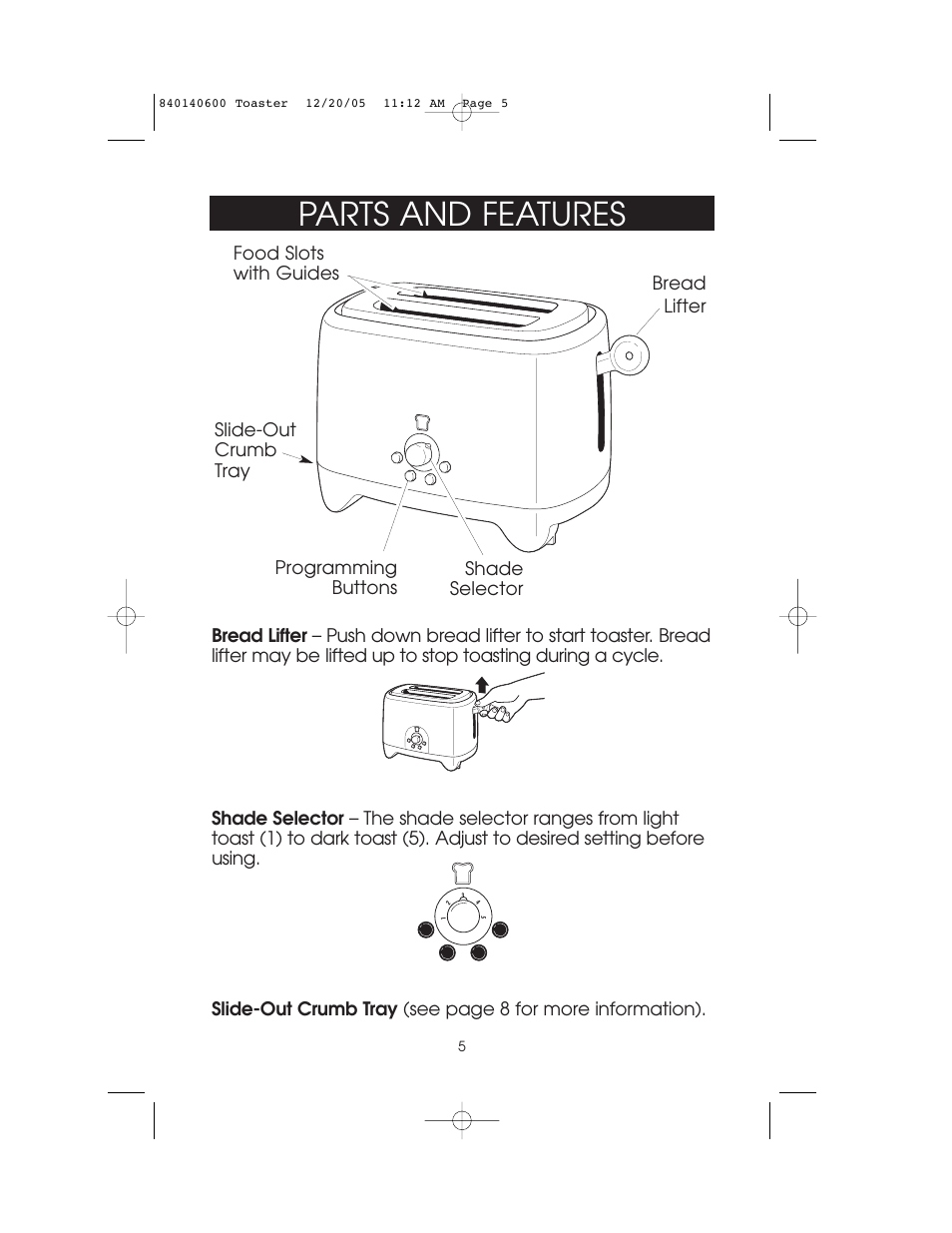 Parts and features | Hamilton Beach 22300 User Manual | Page 5 / 10