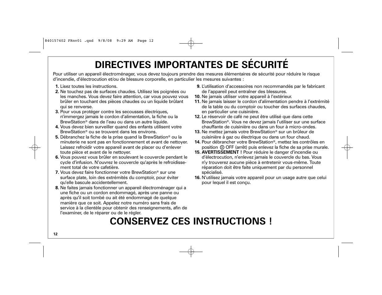 Directives importantes de sécurité, Conservez ces instructions | Hamilton Beach BrewStation 47334H User Manual | Page 12 / 32