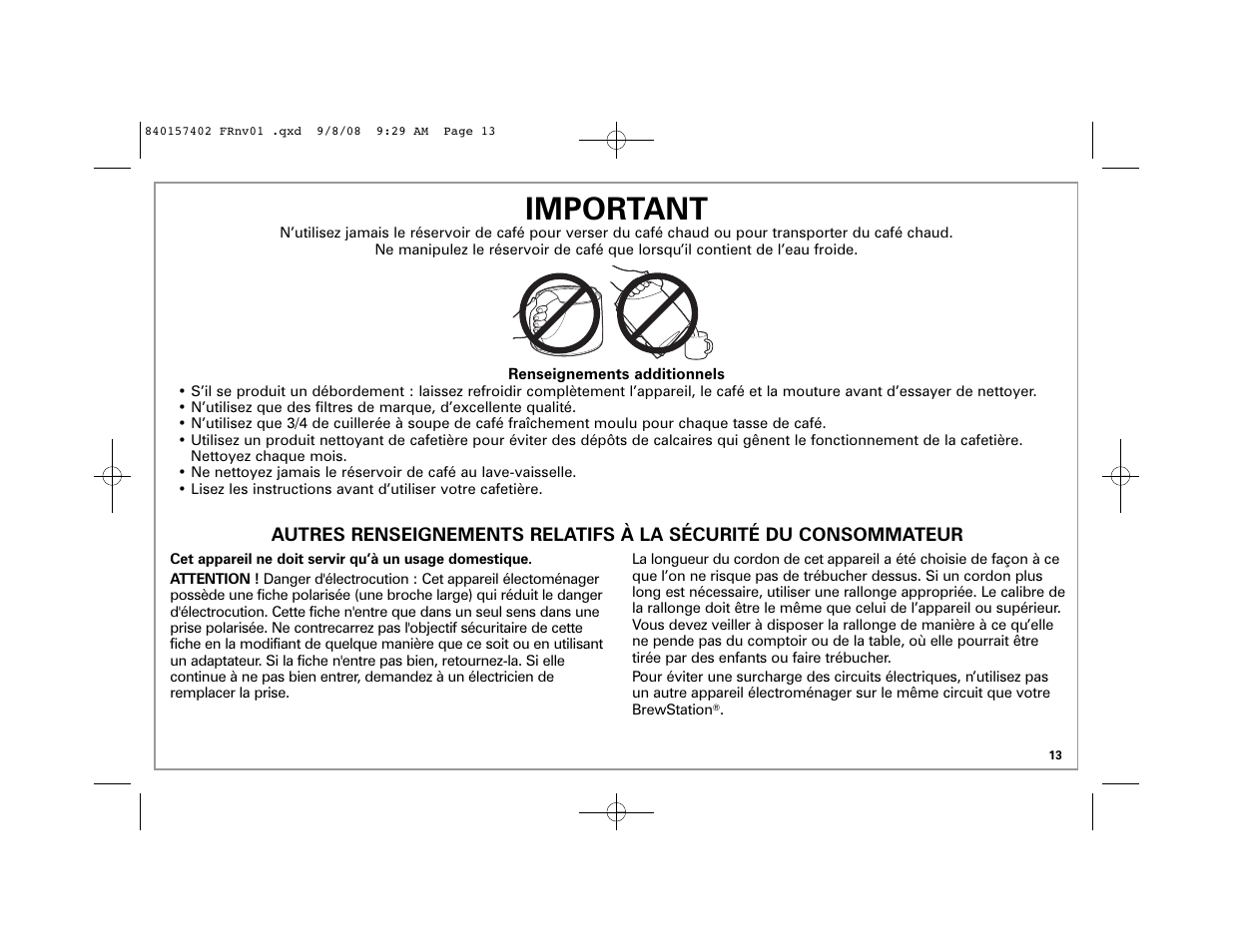 Important | Hamilton Beach BrewStation 47334H User Manual | Page 13 / 32