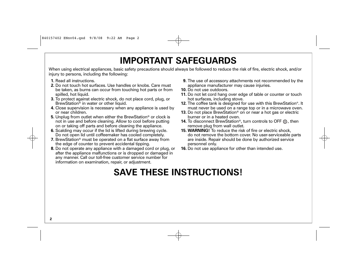 Important safeguards, Save these instructions | Hamilton Beach BrewStation 47334H User Manual | Page 2 / 32