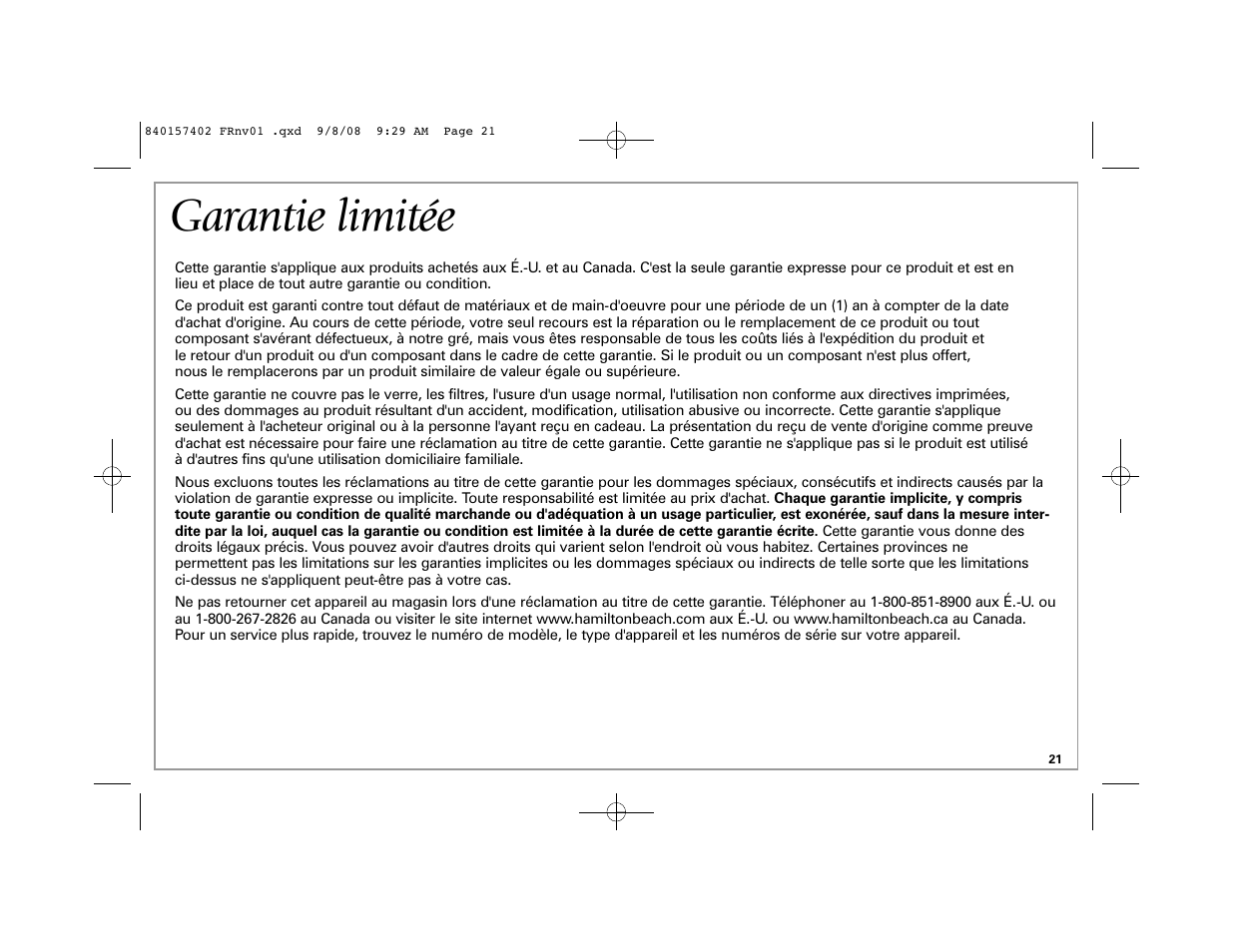 Garantie limitée | Hamilton Beach BrewStation 47334H User Manual | Page 21 / 32