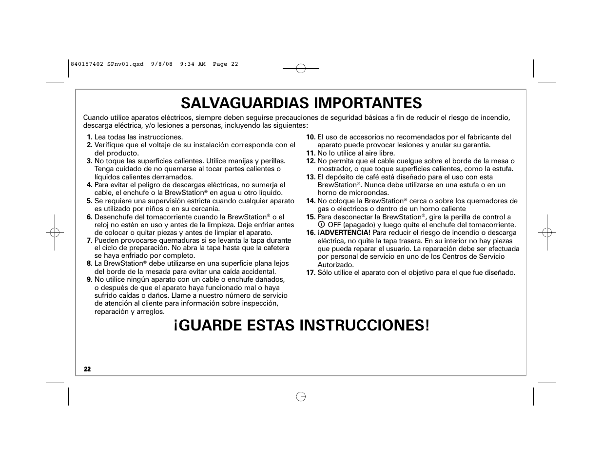 Salvaguardias importantes, Guarde estas instrucciones | Hamilton Beach BrewStation 47334H User Manual | Page 22 / 32