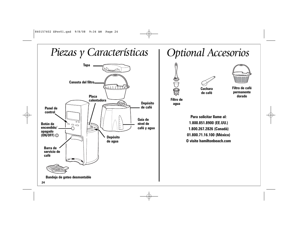 Piezas y características, Optional accesorios | Hamilton Beach BrewStation 47334H User Manual | Page 24 / 32