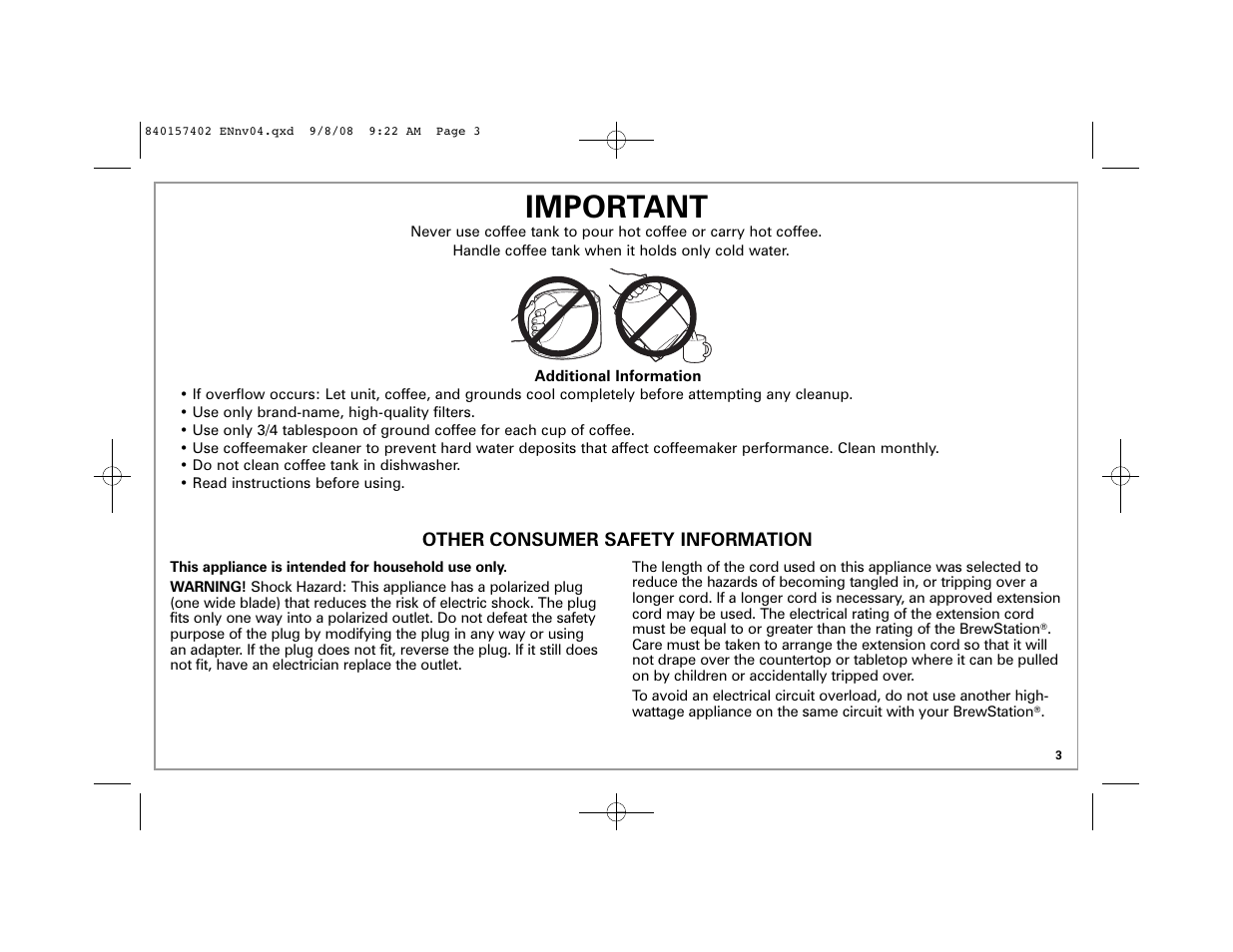 Important | Hamilton Beach BrewStation 47334H User Manual | Page 3 / 32