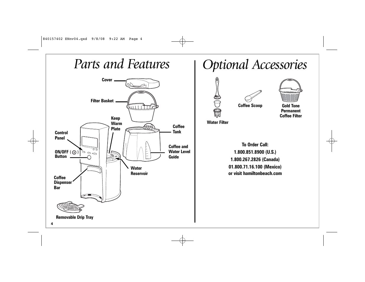 Parts and features, Optional accessories | Hamilton Beach BrewStation 47334H User Manual | Page 4 / 32