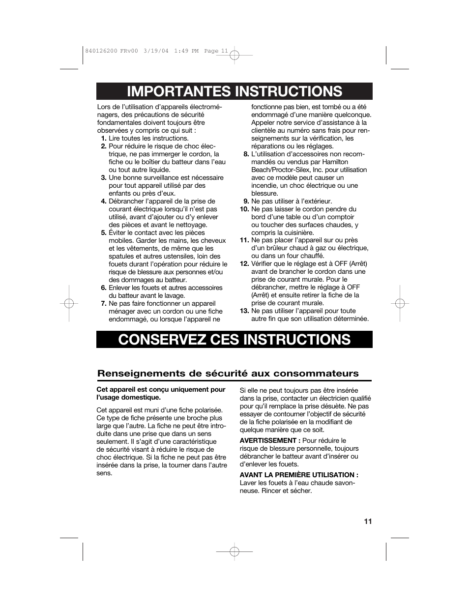 Importantes instructions, Conservez ces instructions | Hamilton Beach 62680C User Manual | Page 11 / 28