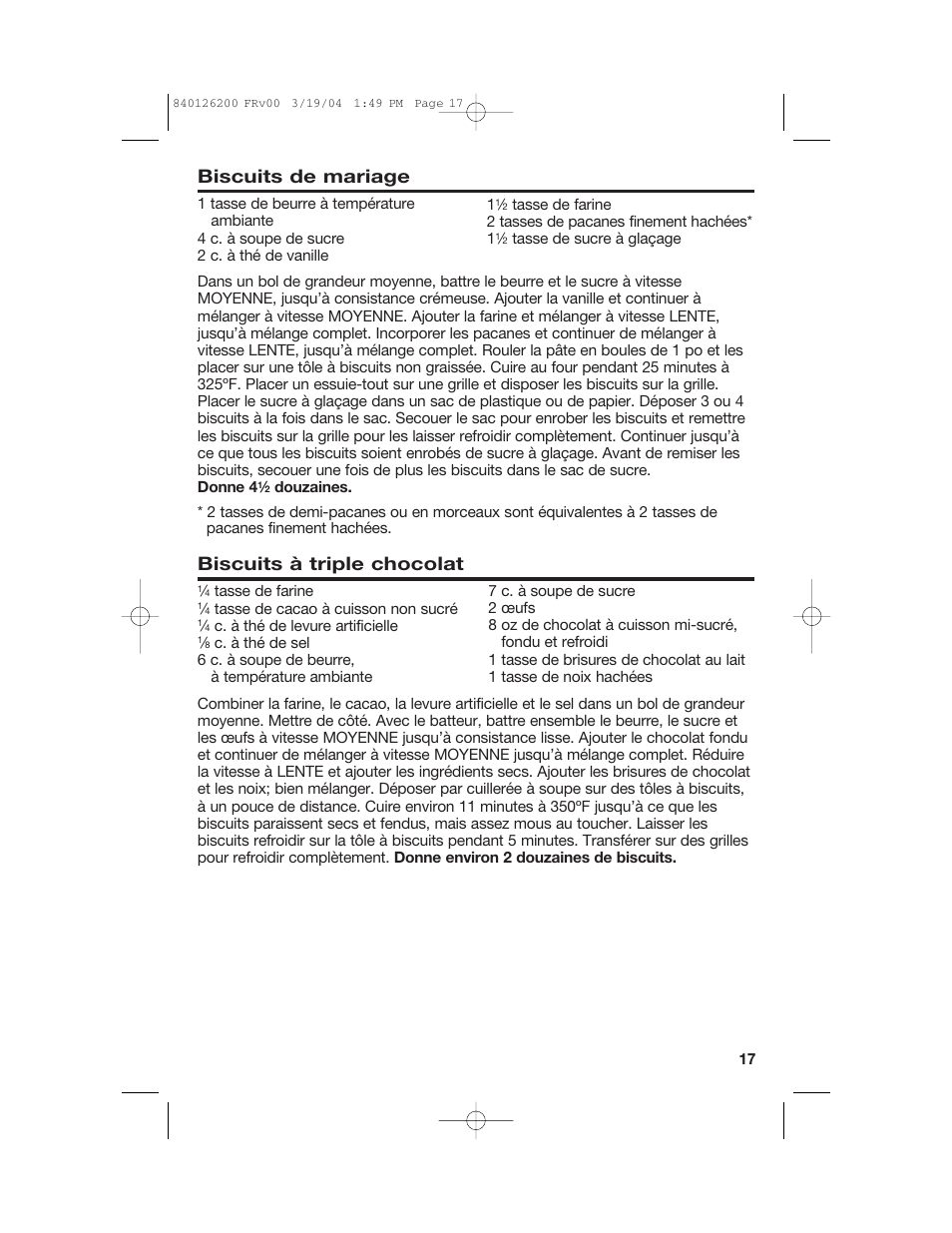 Biscuits de mariage, Biscuits à triple chocolat | Hamilton Beach 62680C User Manual | Page 17 / 28