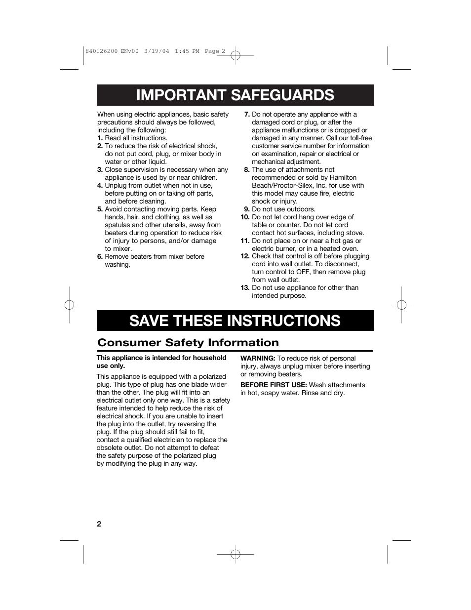 Important safeguards, Save these instructions, Consumer safety information | Hamilton Beach 62680C User Manual | Page 2 / 28