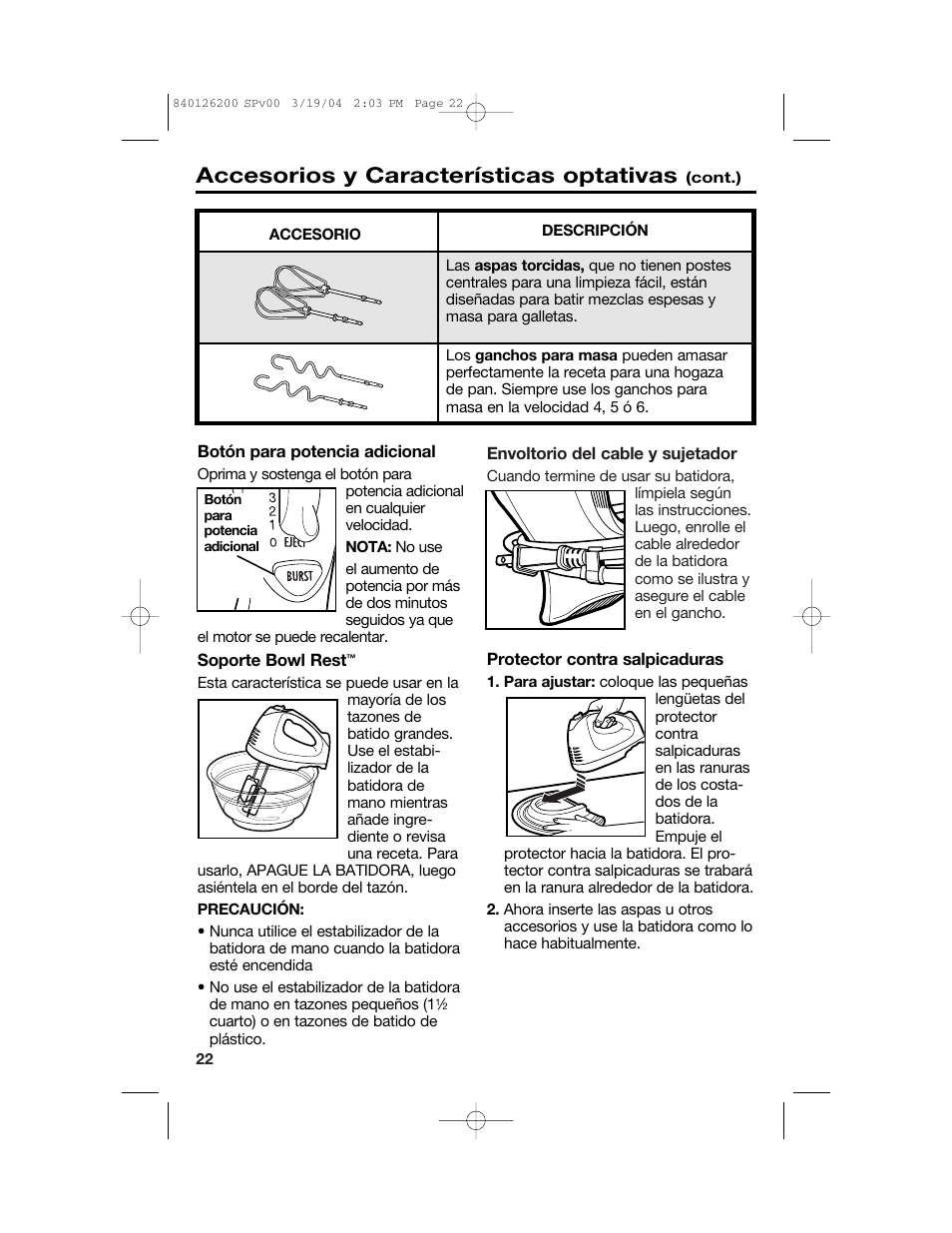 Accesorios y características optativas | Hamilton Beach 62680C User Manual | Page 22 / 28