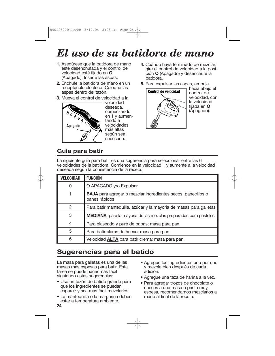 El uso de su batidora de mano, Sugerencias para el batido | Hamilton Beach 62680C User Manual | Page 24 / 28