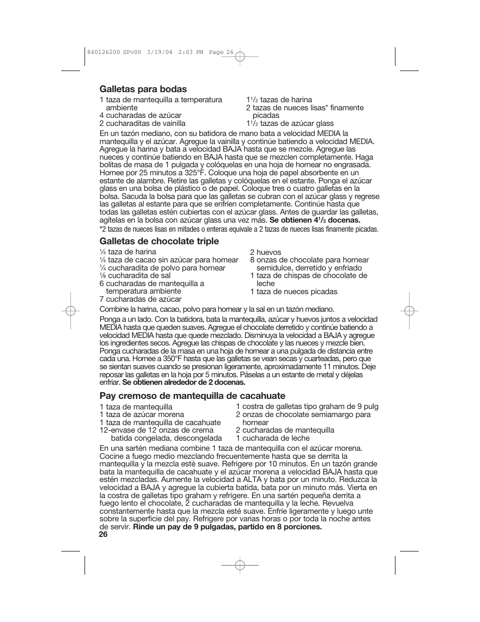 Galletas para bodas, Galletas de chocolate triple, Pay cremoso de mantequilla de cacahuate | Hamilton Beach 62680C User Manual | Page 26 / 28