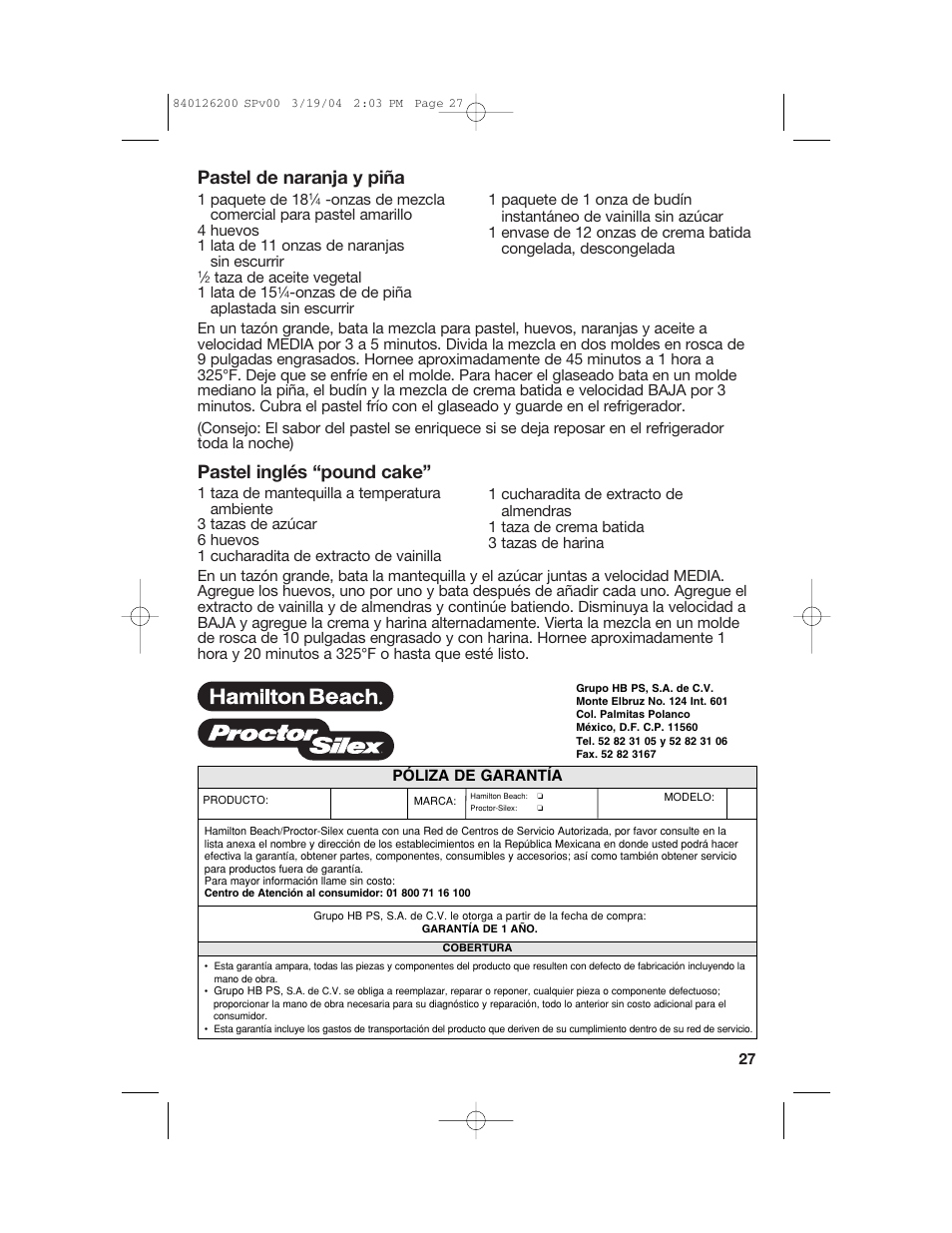 Pastel de naranja y piña, Pastel inglés “pound cake | Hamilton Beach 62680C User Manual | Page 27 / 28