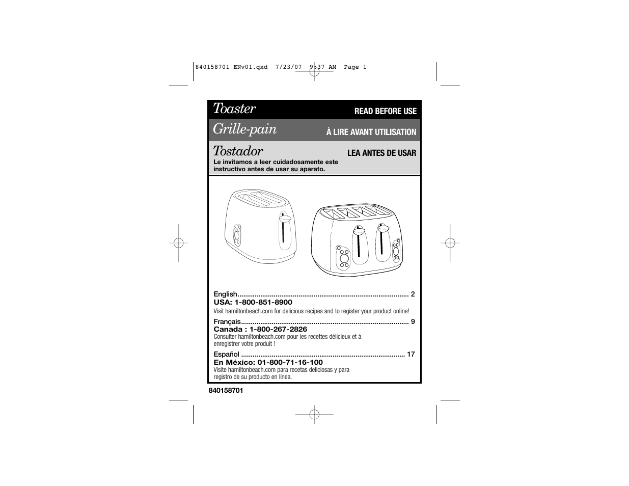 Hamilton Beach Tostador 22502 User Manual | 17 pages