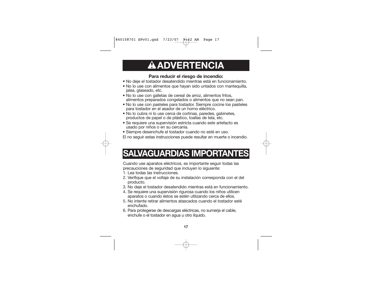 W advertencia, Salvaguardias importantes | Hamilton Beach Tostador 22502 User Manual | Page 11 / 17
