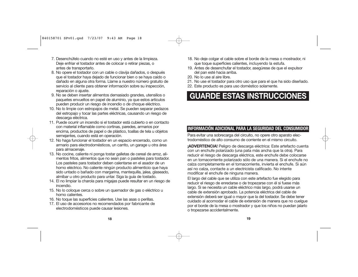 Guarde estas instrucciones | Hamilton Beach Tostador 22502 User Manual | Page 12 / 17