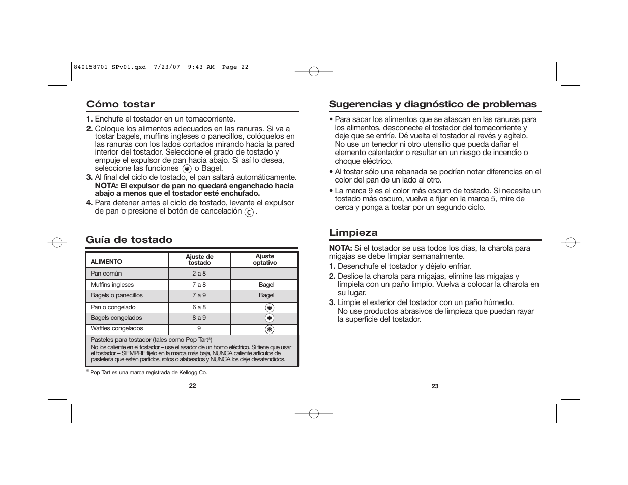 Sugerencias y diagnóstico de problemas, Guía de tostado, Cómo tostar | Limpieza | Hamilton Beach Tostador 22502 User Manual | Page 14 / 17