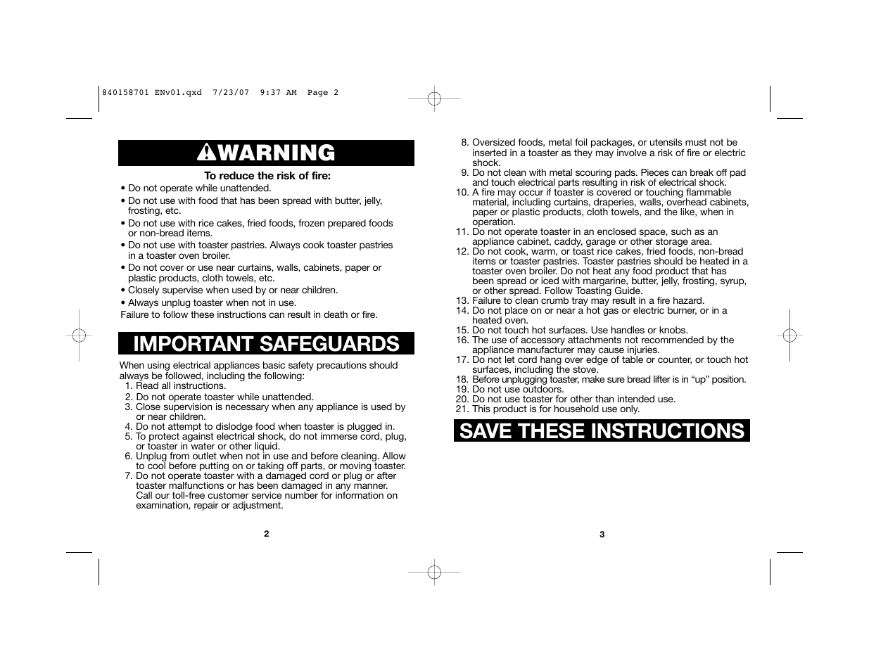 Wwarning, Important safeguards, Save these instructions | Hamilton Beach Tostador 22502 User Manual | Page 2 / 17