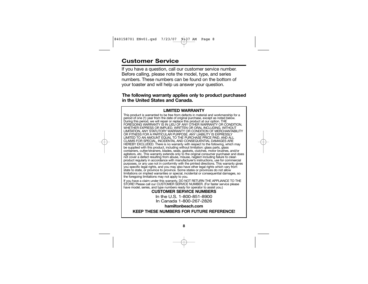 Customer service | Hamilton Beach Tostador 22502 User Manual | Page 5 / 17
