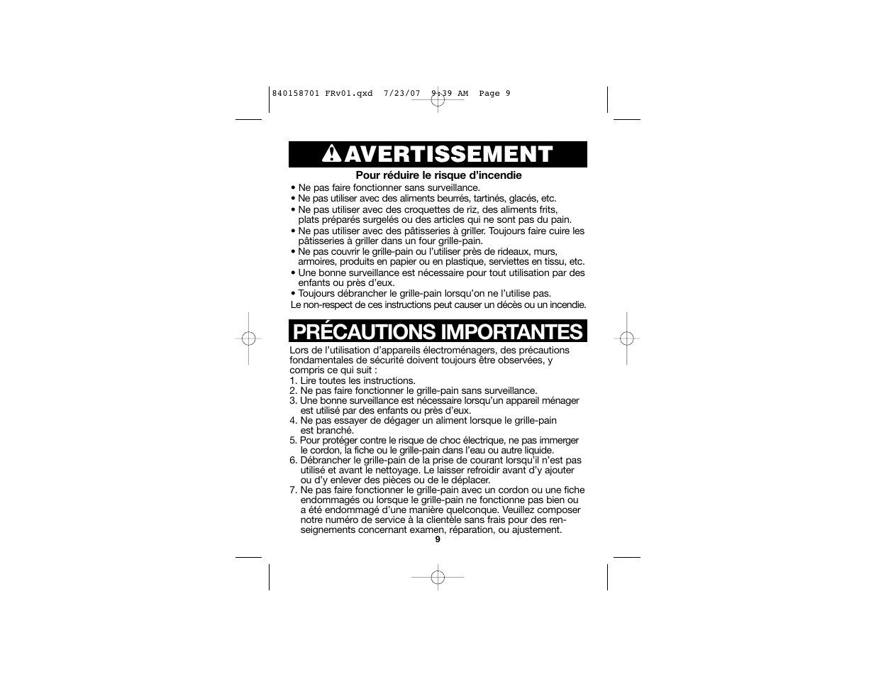 Wavertissement, Précautions importantes | Hamilton Beach Tostador 22502 User Manual | Page 6 / 17