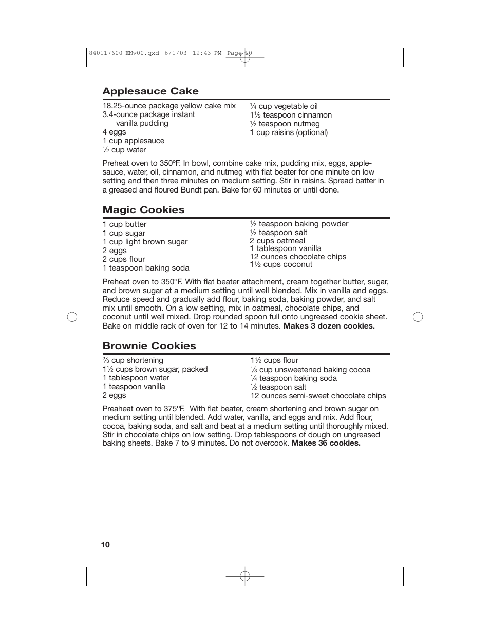 Applesauce cake, Magic cookies, Brownie cookies | Hamilton Beach 840117600 User Manual | Page 10 / 24