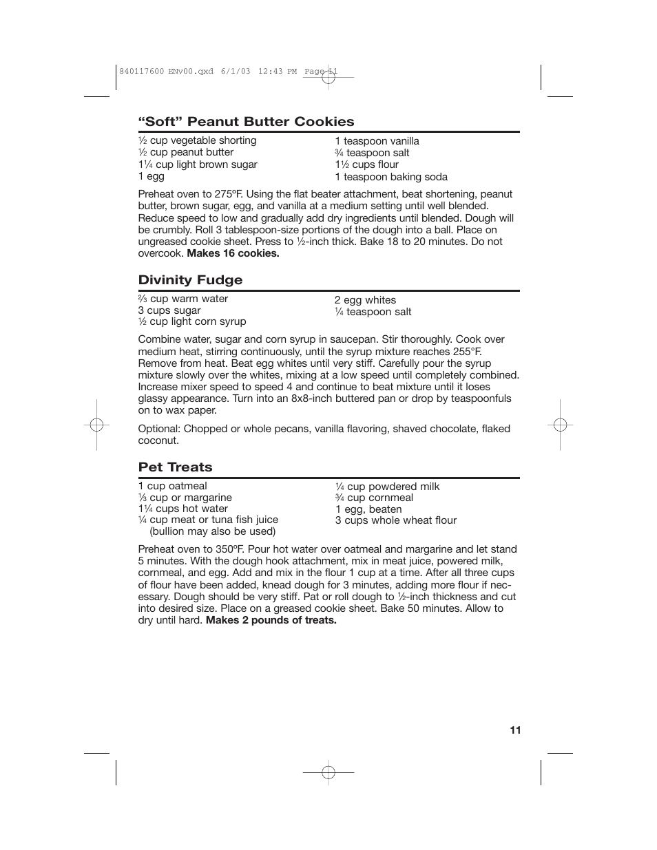 Soft” peanut butter cookies, Divinity fudge, Pet treats | Hamilton Beach 840117600 User Manual | Page 11 / 24