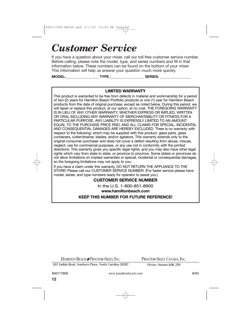 Customer service | Hamilton Beach 840117600 User Manual | Page 12 / 24