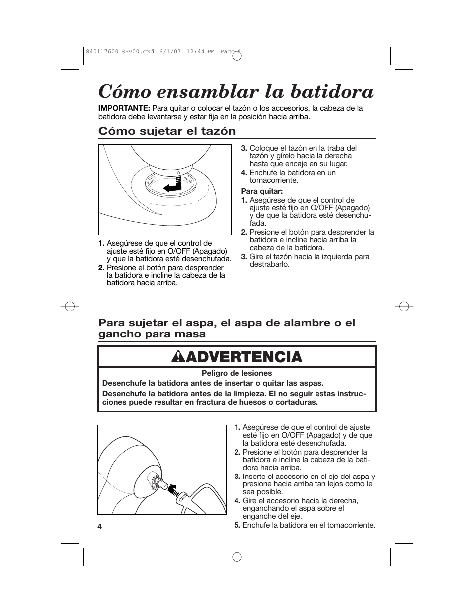 Cómo ensamblar la batidora, Wadvertencia, Cómo sujetar el tazón | Hamilton Beach 840117600 User Manual | Page 16 / 24