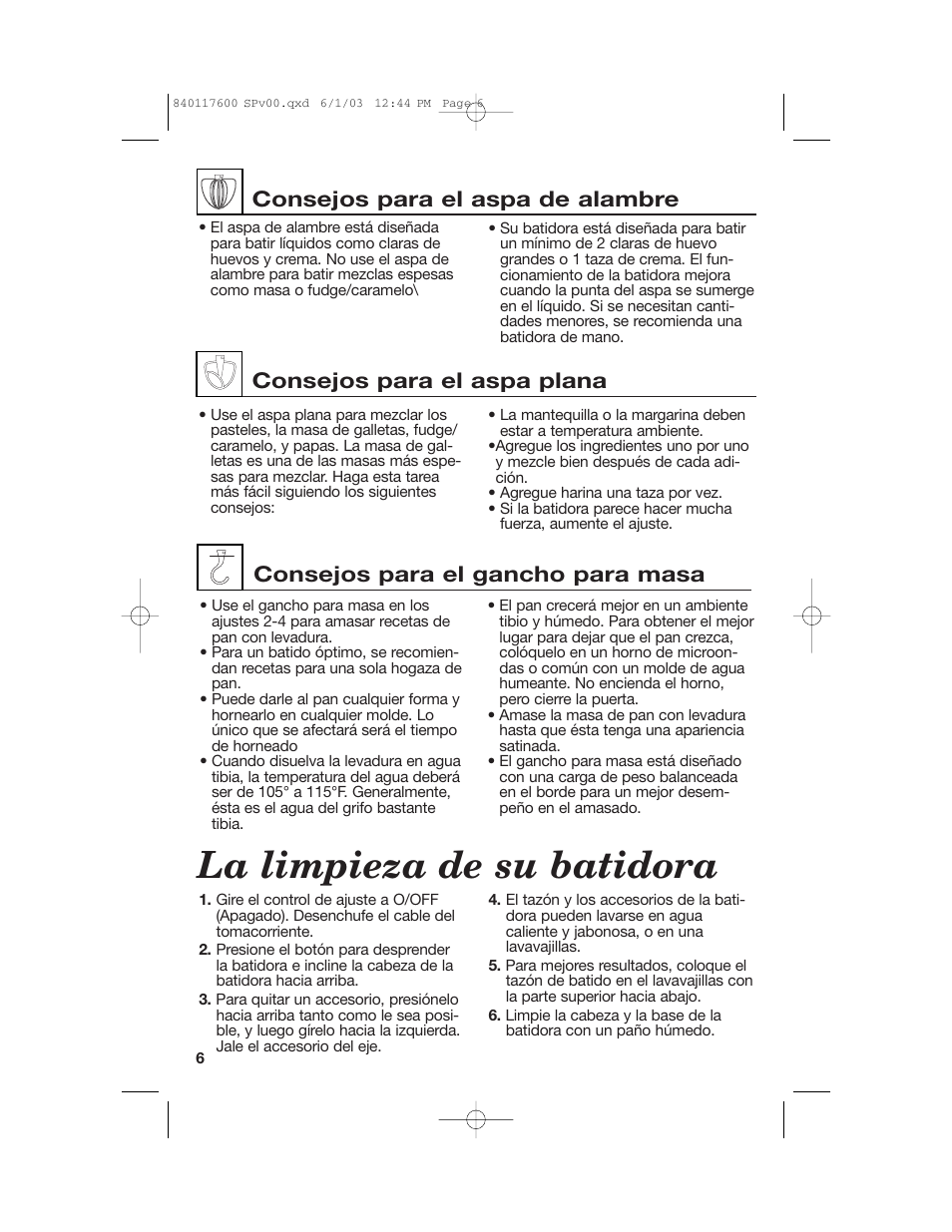 La limpieza de su batidora, Consejos para el aspa de alambre | Hamilton Beach 840117600 User Manual | Page 18 / 24