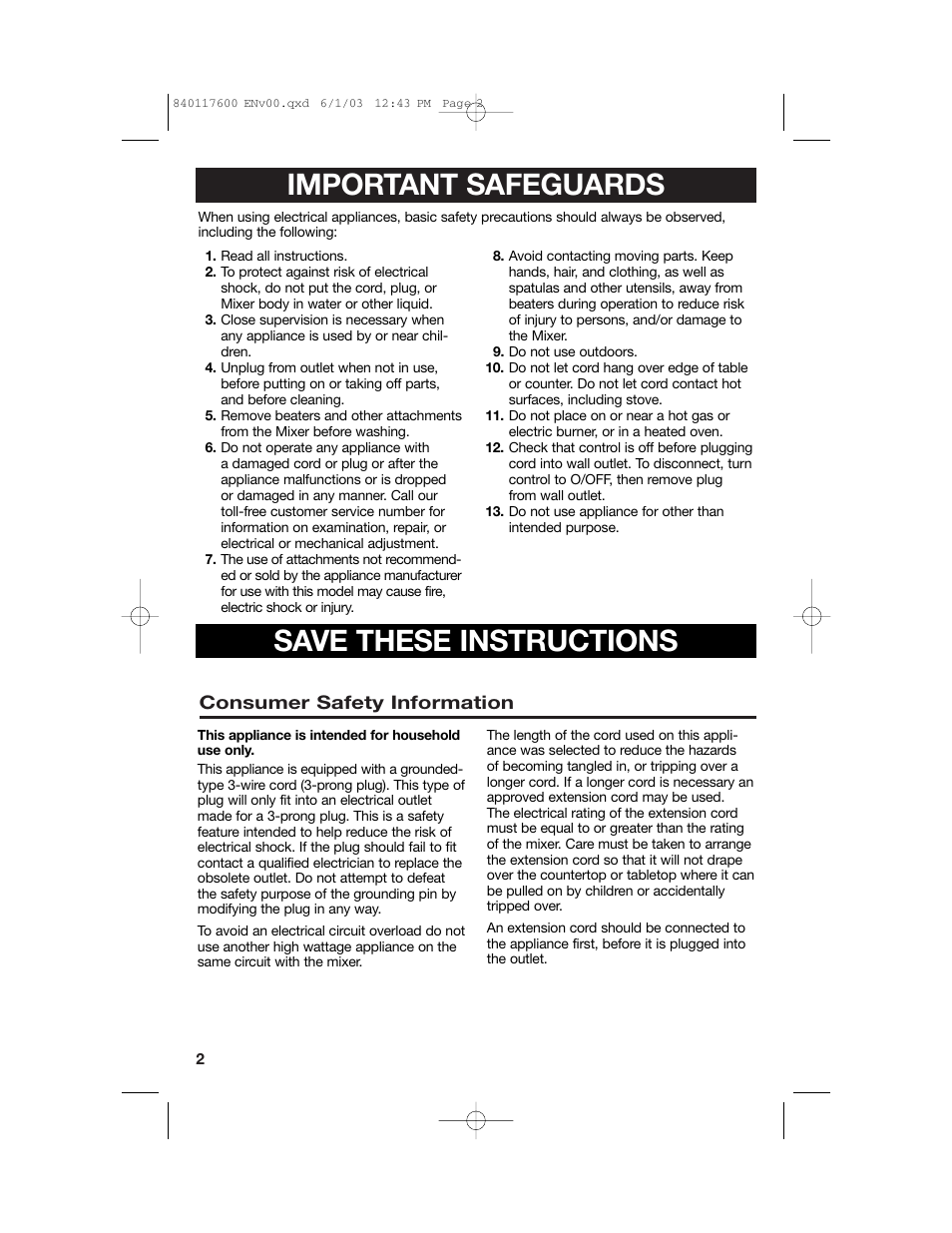 Important safeguards, Save these instructions | Hamilton Beach 840117600 User Manual | Page 2 / 24
