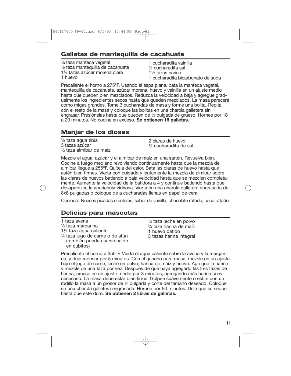 Galletas de mantequilla de cacahuate, Manjar de los dioses, Delicias para mascotas | Hamilton Beach 840117600 User Manual | Page 23 / 24