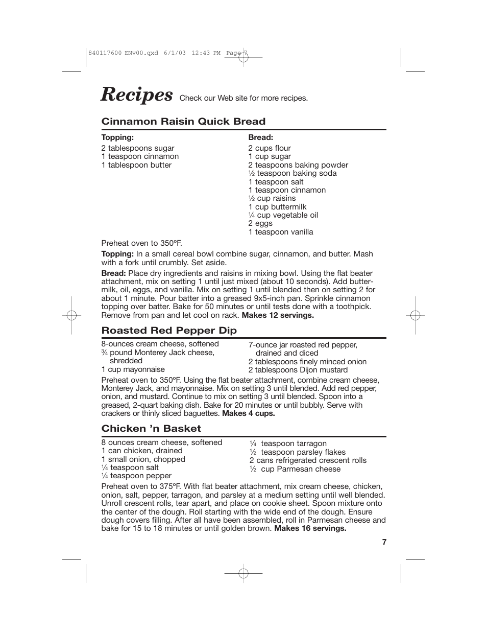 Recipes, Cinnamon raisin quick bread, Roasted red pepper dip | Chicken ’n basket | Hamilton Beach 840117600 User Manual | Page 7 / 24