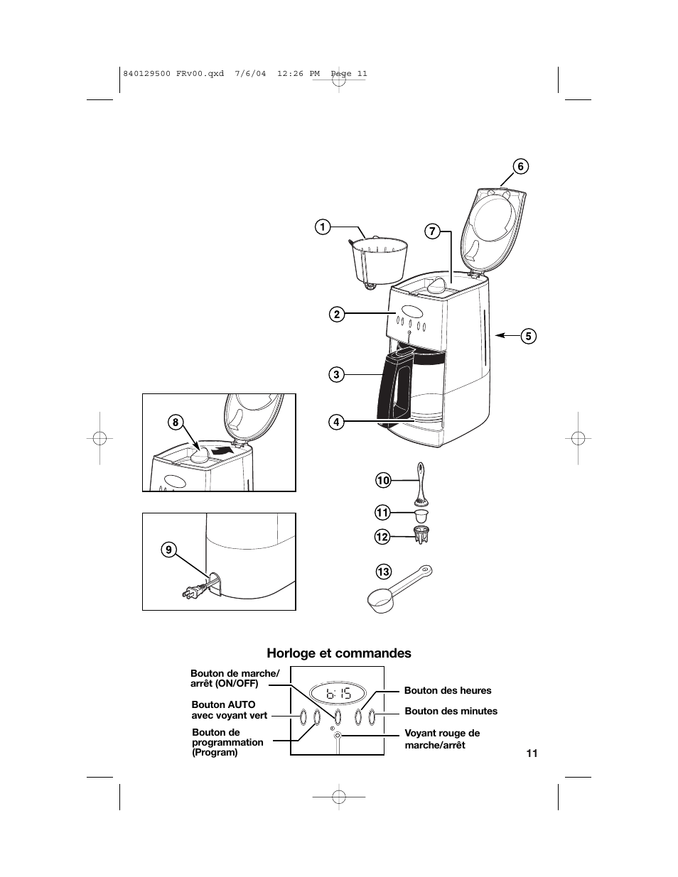 Pièces et caractéristiques, Horloge et commandes | Hamilton Beach Programmable Coffeemaker User Manual | Page 11 / 28