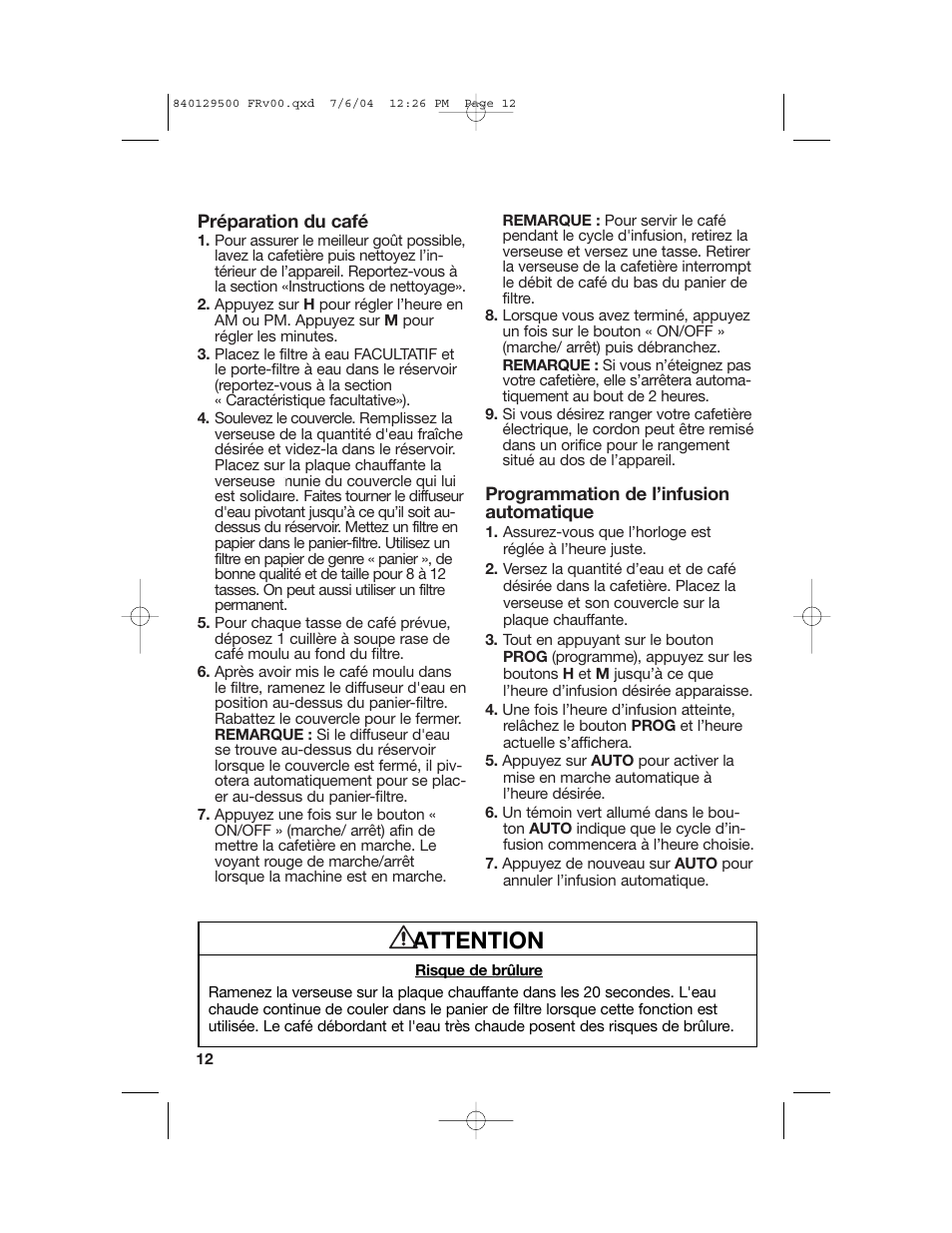 Mode d'emploi de la cafetière, Attention | Hamilton Beach Programmable Coffeemaker User Manual | Page 12 / 28