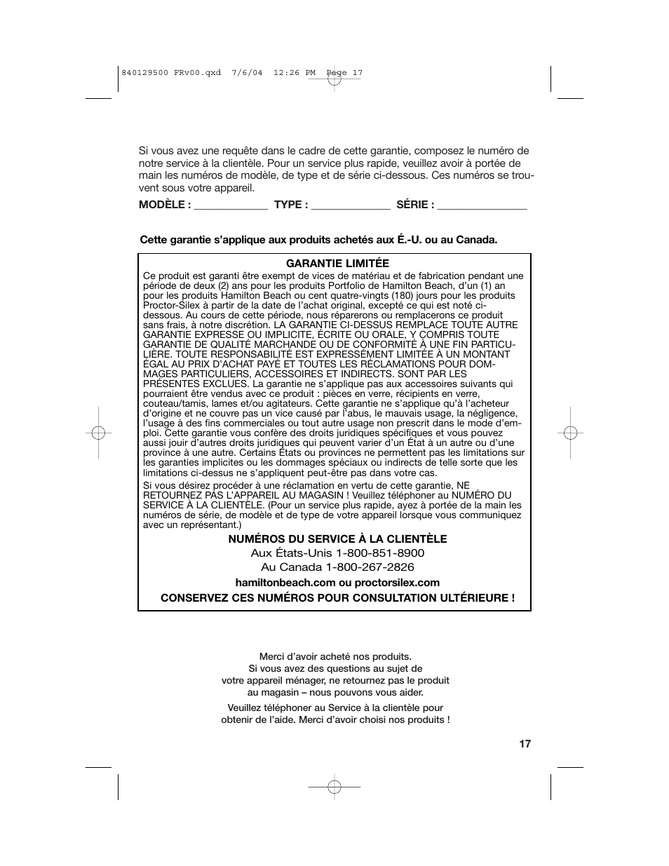 Service à la clientèle, Merci | Hamilton Beach Programmable Coffeemaker User Manual | Page 17 / 28