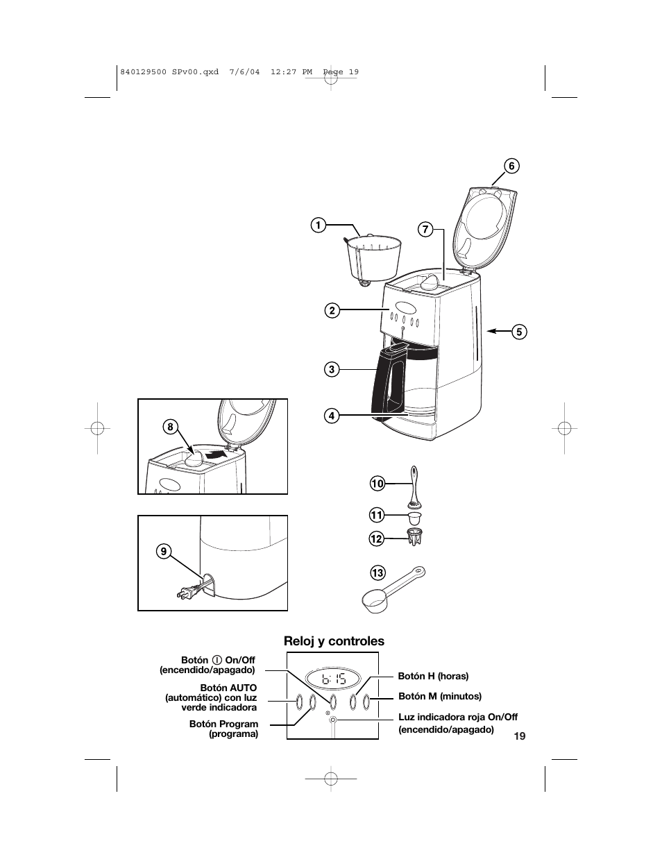 Piezas y características, Reloj y controles | Hamilton Beach Programmable Coffeemaker User Manual | Page 19 / 28