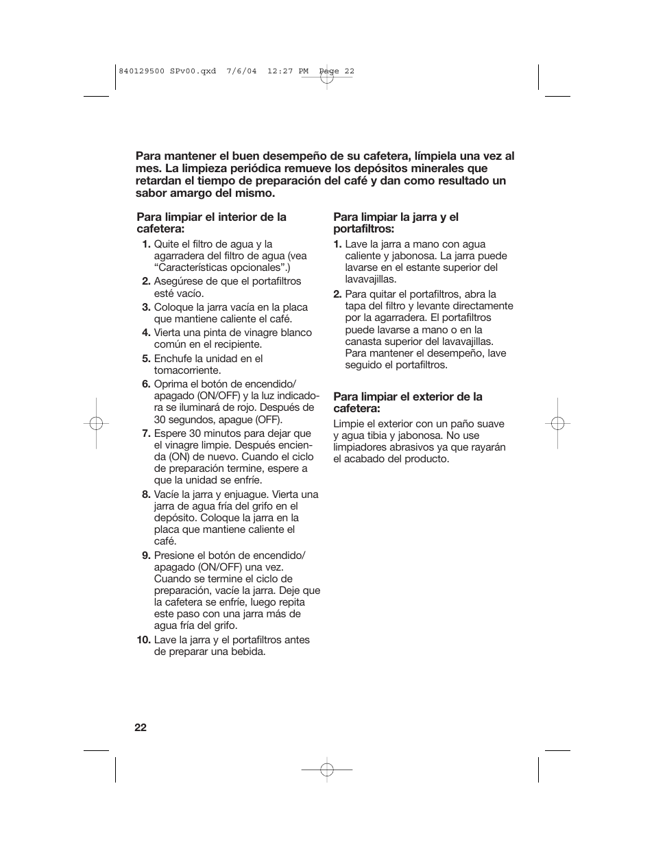 Limpieza | Hamilton Beach Programmable Coffeemaker User Manual | Page 22 / 28