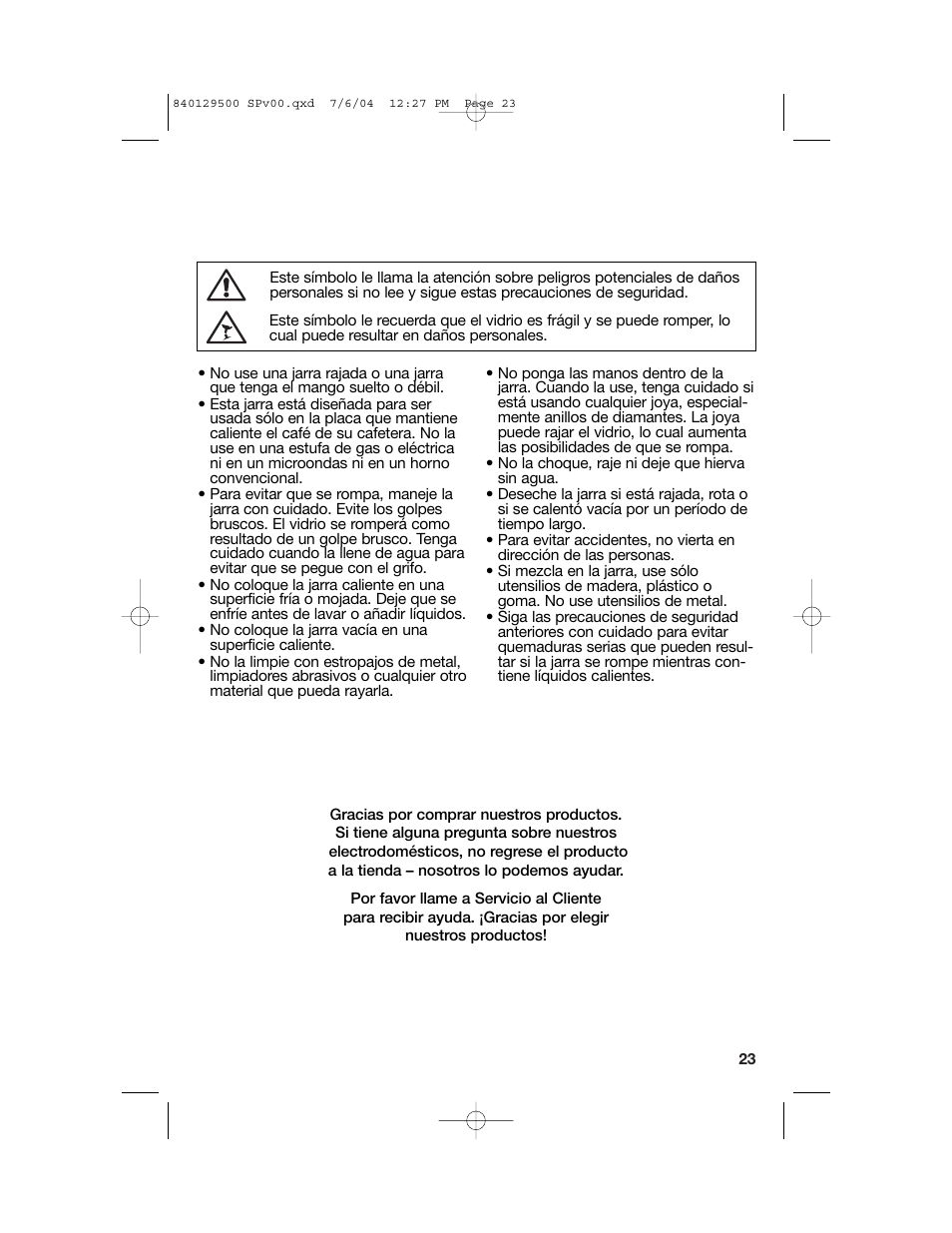 Precauciones de seguridad de la jarra, Gracias | Hamilton Beach Programmable Coffeemaker User Manual | Page 23 / 28