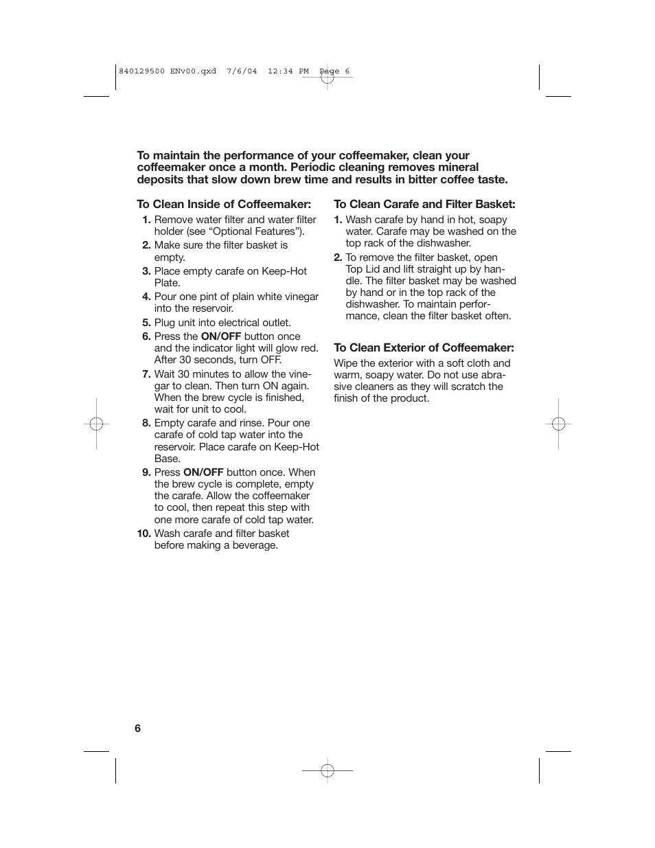 Cleaning | Hamilton Beach Programmable Coffeemaker User Manual | Page 6 / 28