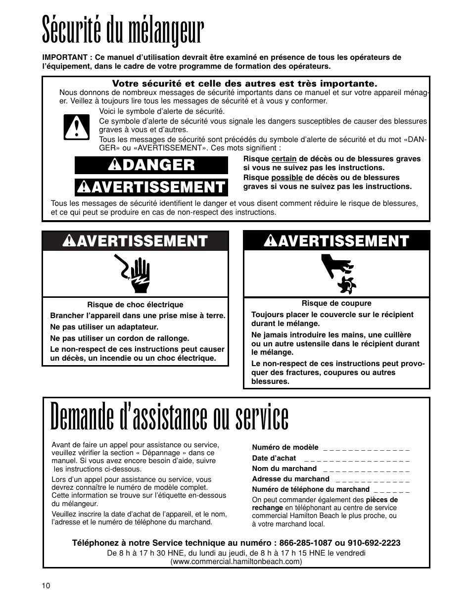 Sécurité du mélangeur, Demande d’assistance ou service, Wavertissement | Wdanger w avertissement | Hamilton Beach 919 User Manual | Page 10 / 28