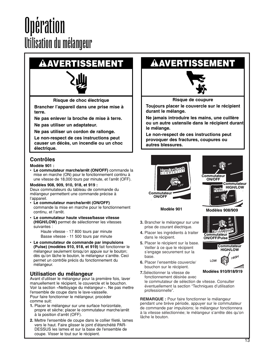 Opération, Utilisation du mélangeur, Wavertissement | Hamilton Beach 919 User Manual | Page 13 / 28