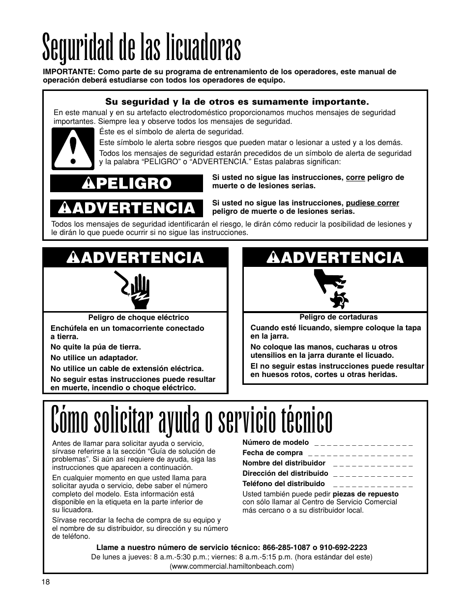 Cómo solicitar ayuda o servicio técnico, Seguridad de las licuadoras, Wadvertencia | Wpeligro w advertencia | Hamilton Beach 919 User Manual | Page 18 / 28