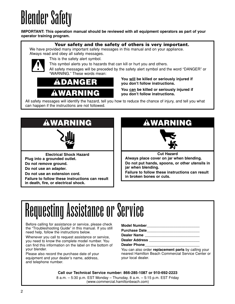 Blender safety, Requesting assistance or service, Wwarning | Wdanger w warning | Hamilton Beach 919 User Manual | Page 2 / 28