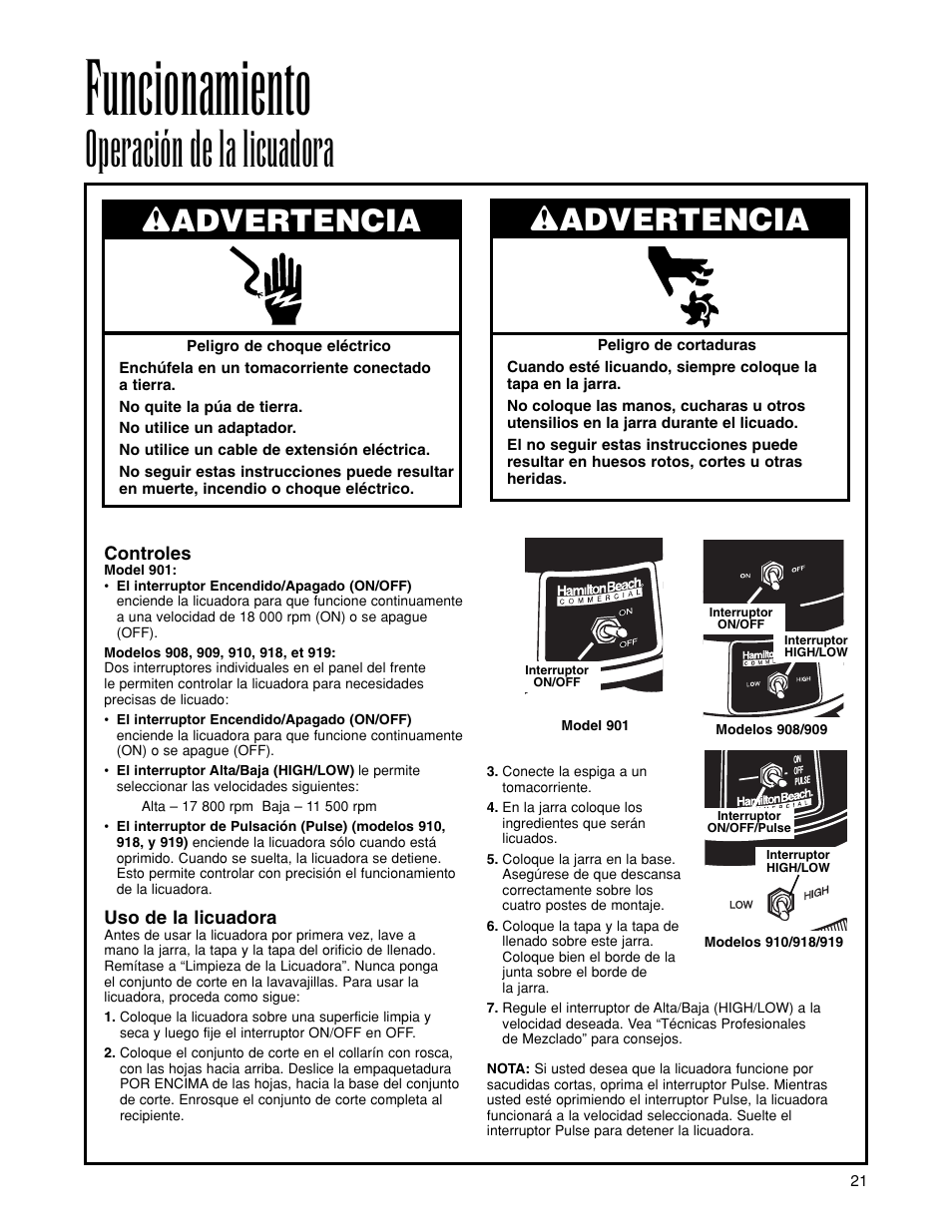 Funcionamiento, Operación de la licuadora, Wadvertencia | Hamilton Beach 919 User Manual | Page 21 / 28