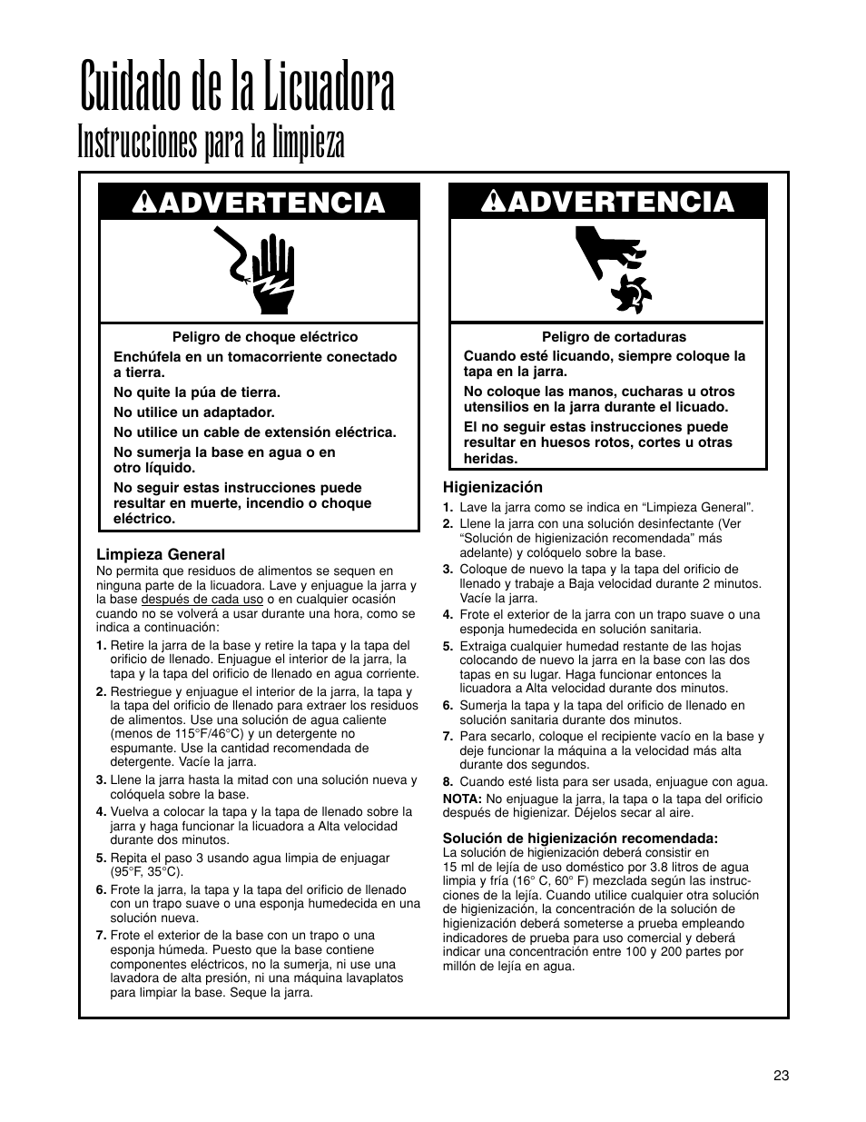 Cuidado de la licuadora, Instrucciones para la limpieza, Wadvertencia | Hamilton Beach 919 User Manual | Page 23 / 28