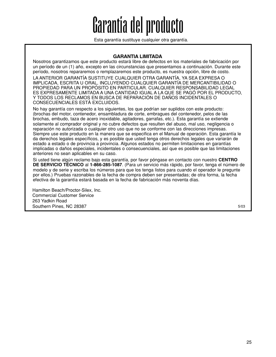 Garantía del producto | Hamilton Beach 919 User Manual | Page 25 / 28