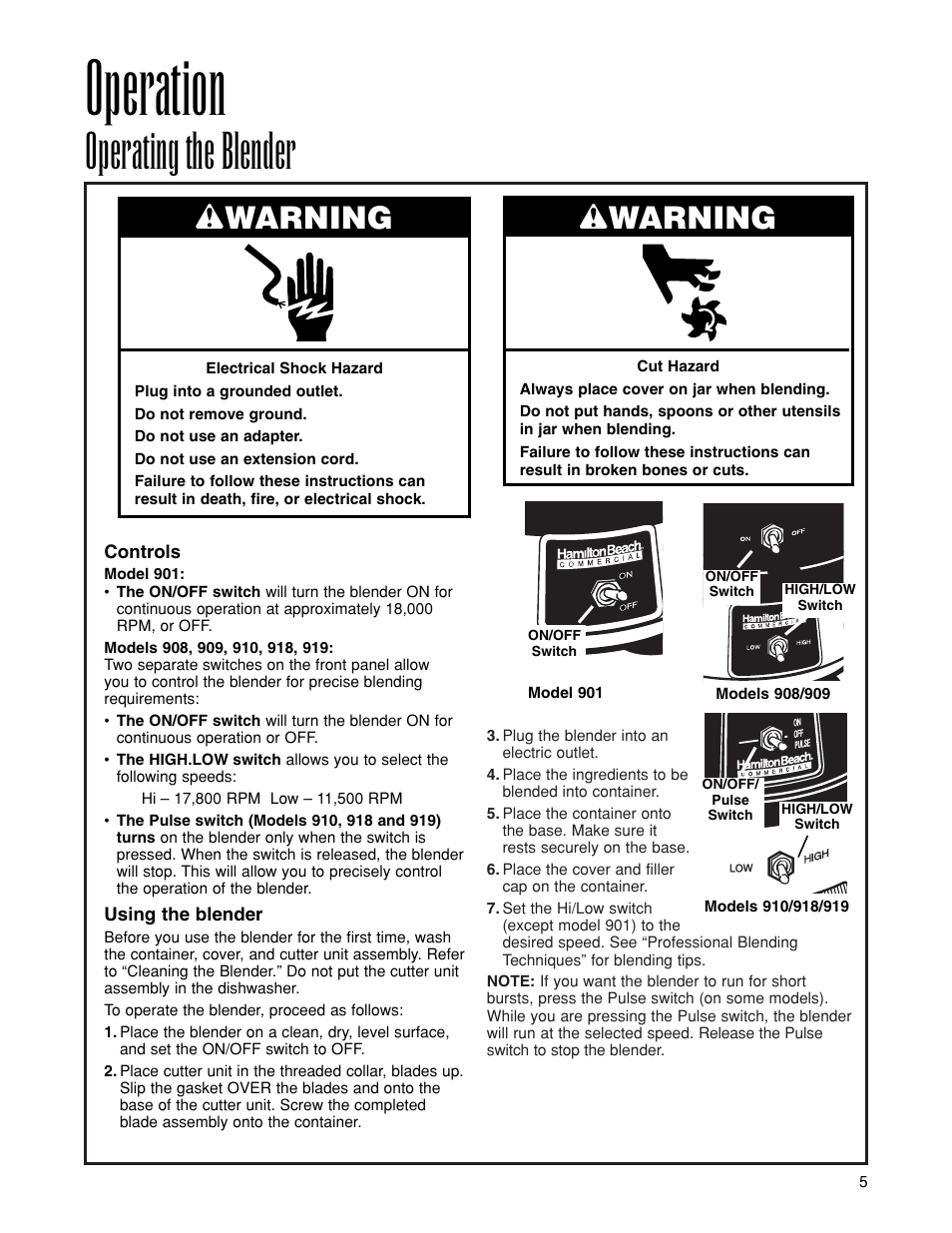 Operation, Operating the blender, Wwarning | Hamilton Beach 919 User Manual | Page 5 / 28