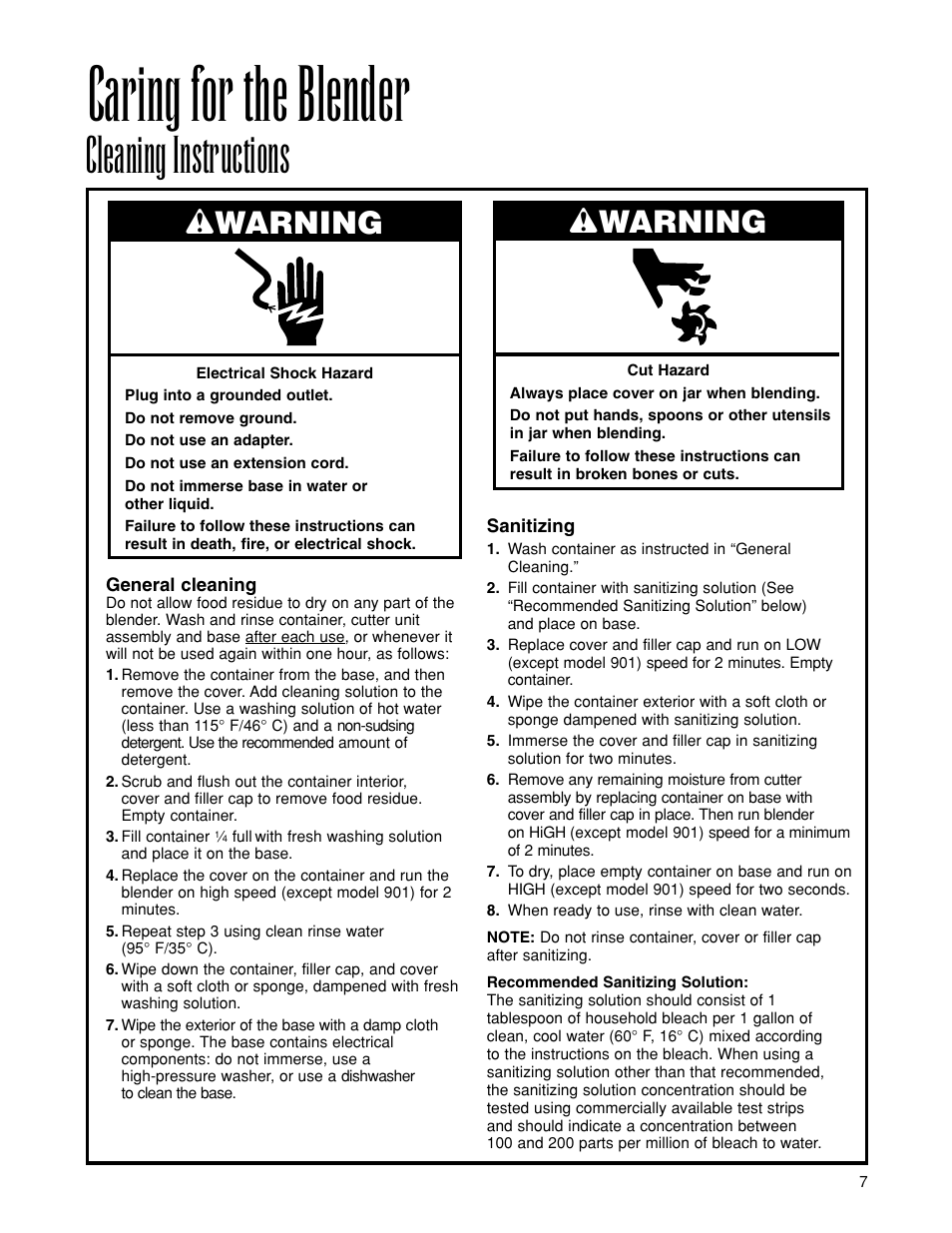 Caring for the blender, Cleaning instructions, Wwarning | Hamilton Beach 919 User Manual | Page 7 / 28