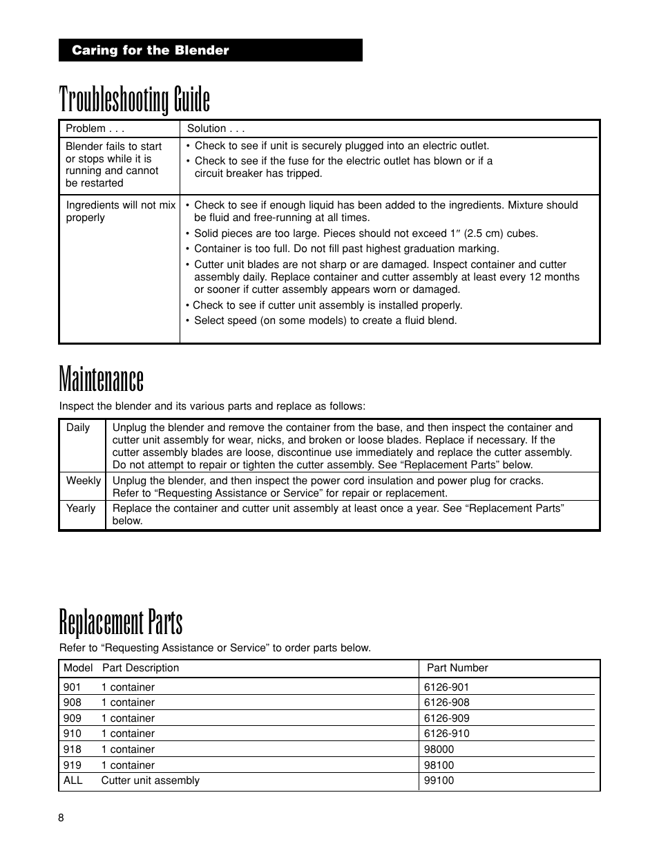 Troubleshooting guide replacement parts, Maintenance | Hamilton Beach 919 User Manual | Page 8 / 28