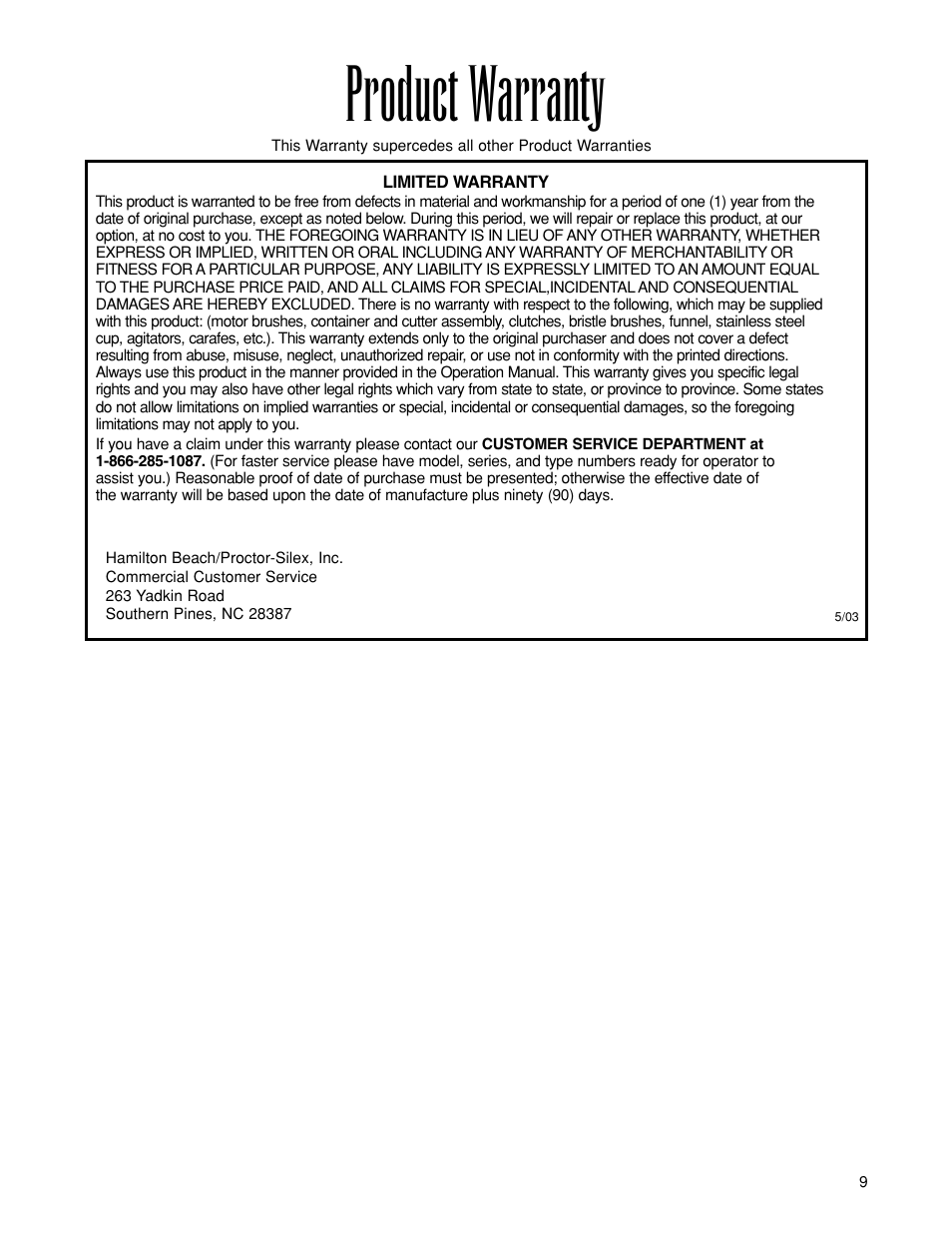 Product warranty | Hamilton Beach 919 User Manual | Page 9 / 28